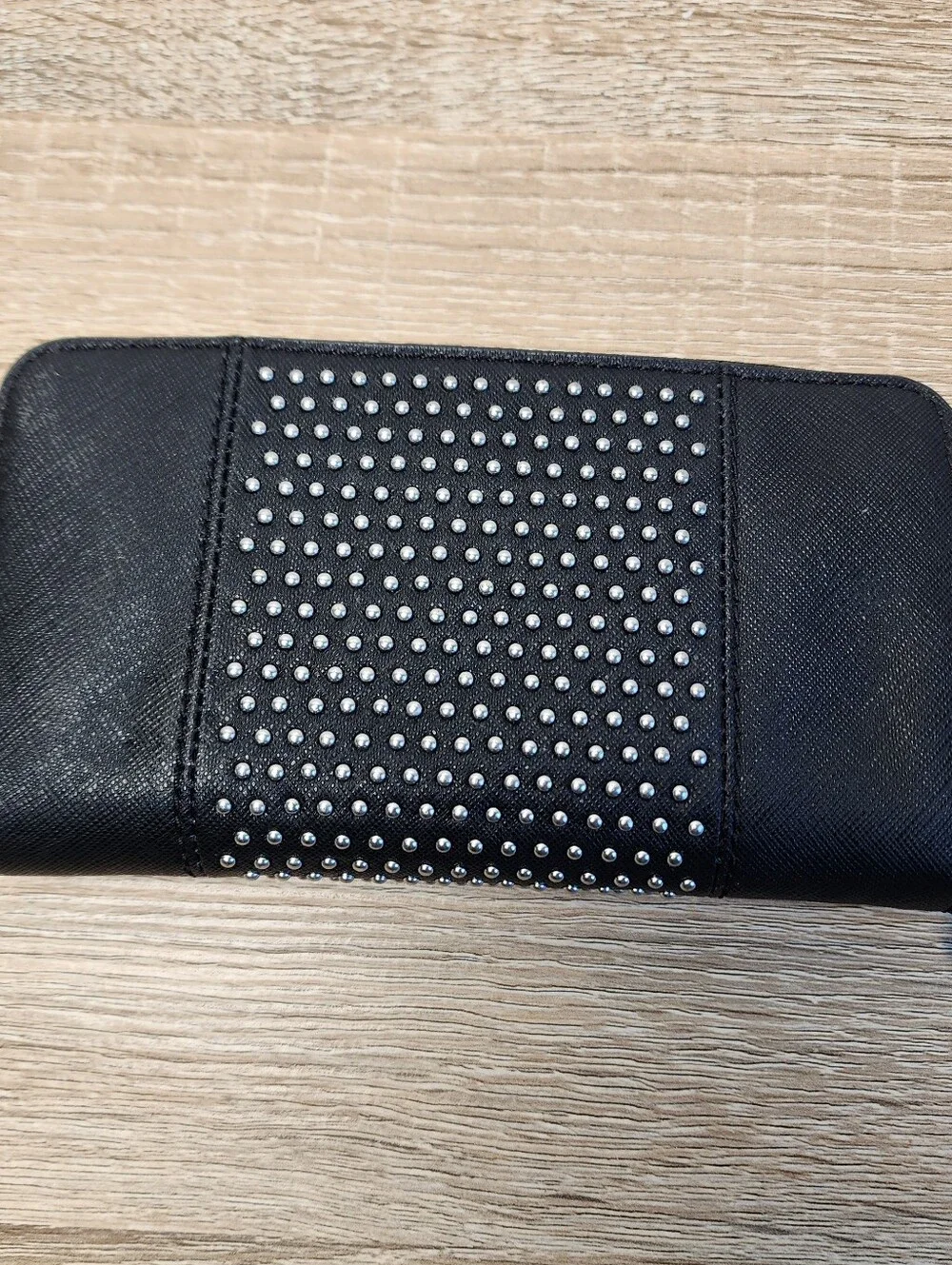 MICHAEL KORS Saffiano Studded Black Leather Silver Wristlet Zip Wallet Clutch